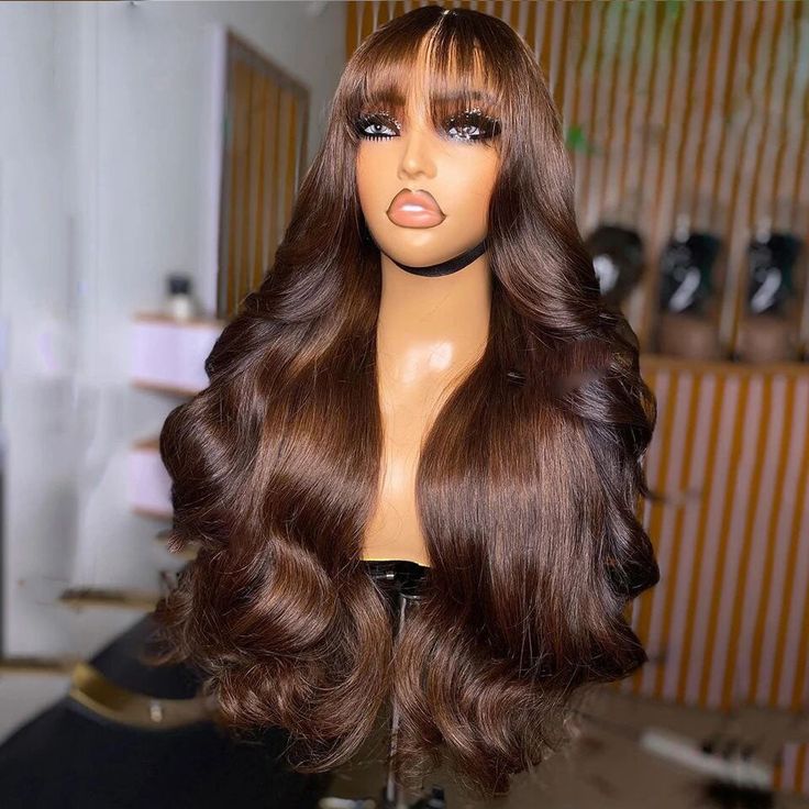 Dark Brown HD 4x4 Lace Closure Wigs and 13x4 Frontal Wigs Straight Wigs with Curtain Bangs for sale