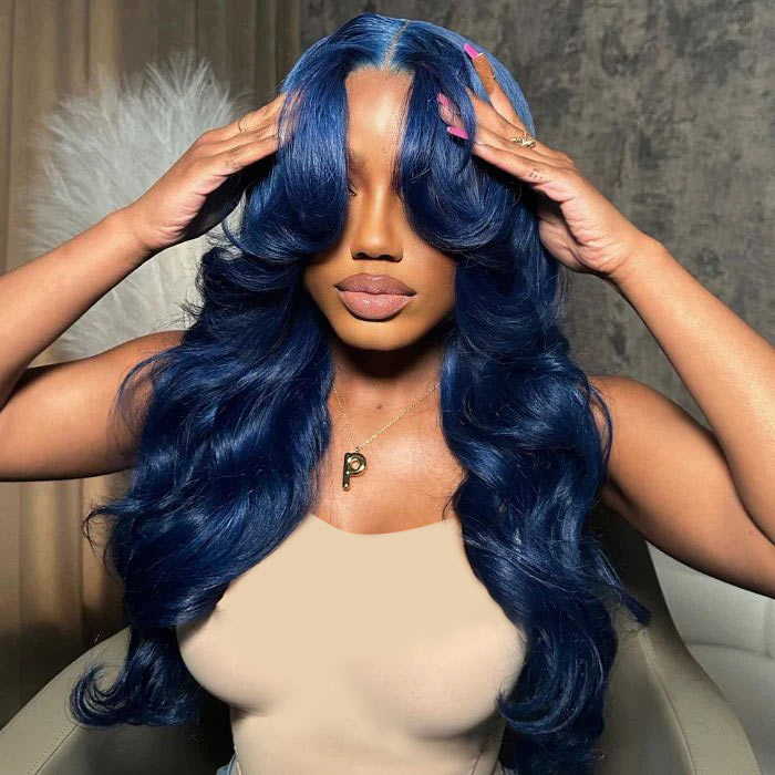 Dark Blue Color Body Wave Lace Front Wigs and Closure Wigs with Curtain Bangs Pre-plucked Hairline