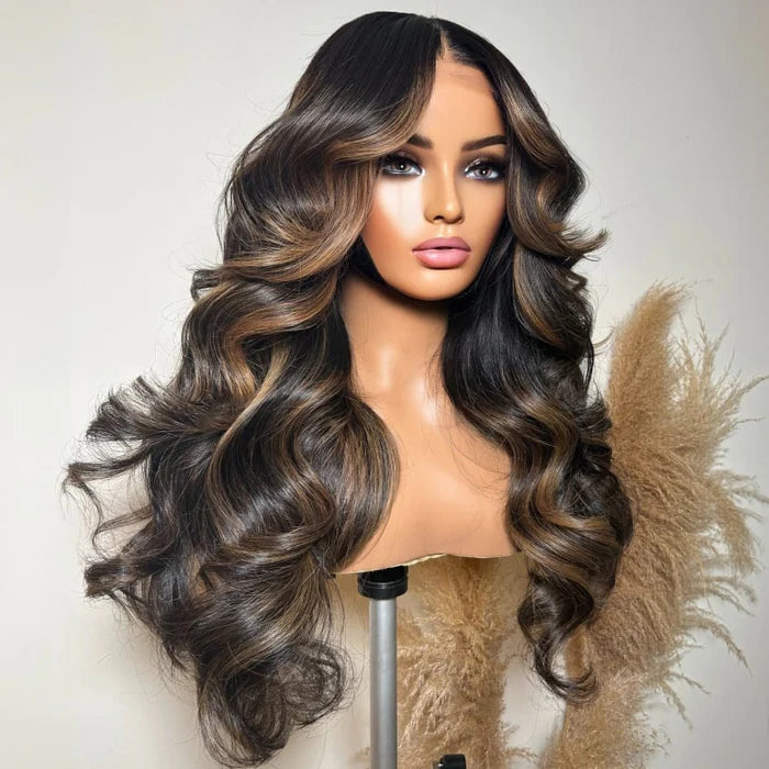 Curtain Bangs Full 220% Density Loose Body Wave Human Hair Wigs  With Layers Cut