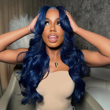 Dark Blue Color Body Wave Lace Front Wigs and Closure Wigs with Curtain Bangs Pre-plucked Hairline