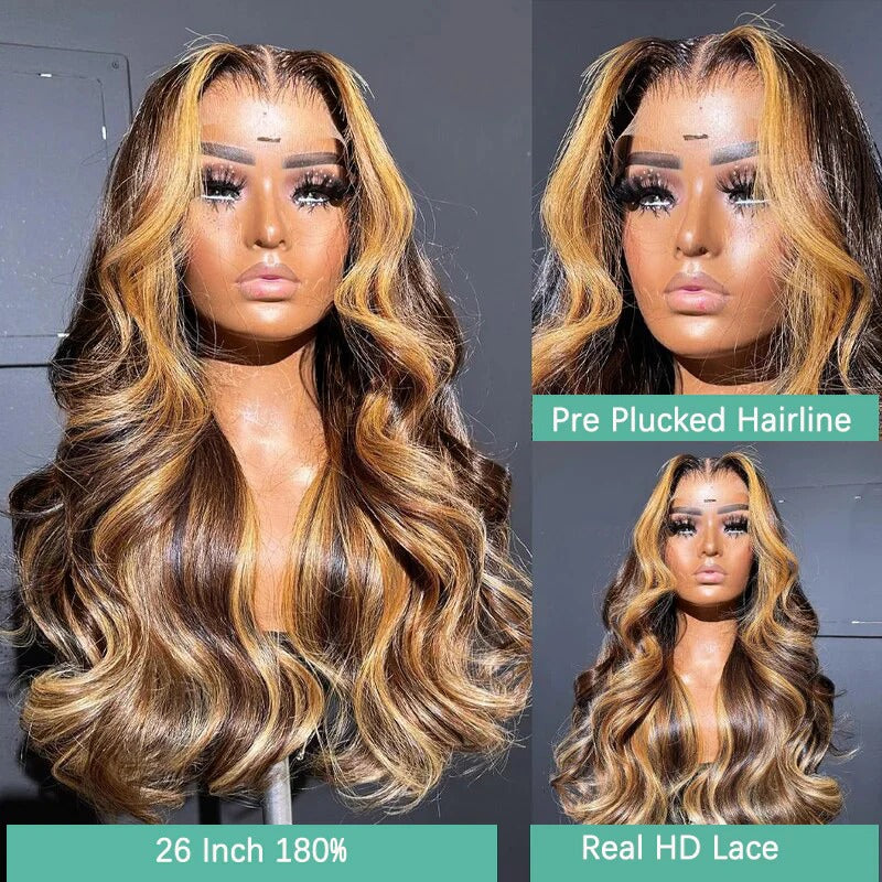 13x4 13x6 HD Lace Wig Straight /Body Wave Glueless Piano Highlight Wigs P4/27 Human Hair Wigs Bye Bye Knots