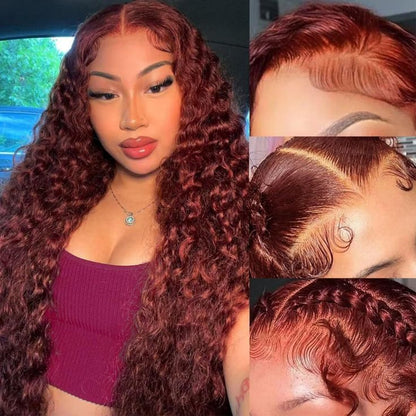 13X4 Lace Frontal Deep Wave Reddish Brown Color Pre Plucked Wig