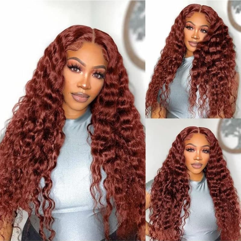 13X4 Lace Frontal Deep Wave Reddish Brown Color Pre Plucked Wig
