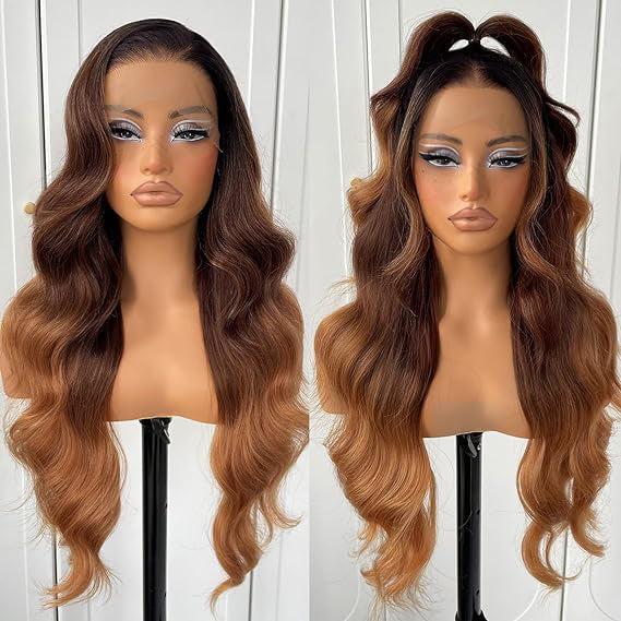 [Invisible Strap Adjustable] Ombre Copper Brown Colored Wig Invisi-Strap Snug Fit 360 Glueless HD Lace Frontal Wig Bleached Knots Pre Plucked Free Part Wig