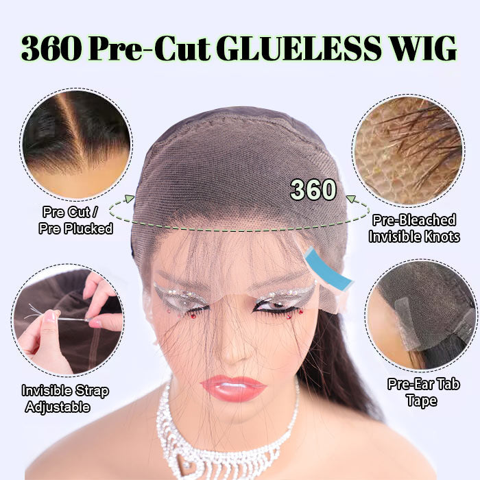 Upgrade Glueless 360 HD Lace Wig with Invisible Strap Fit Body Wave/Straight Wigs Bleached Knots Lace Parting Anywhere