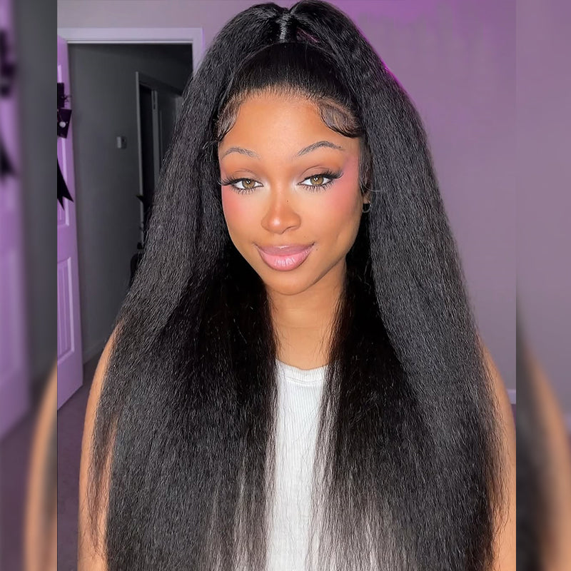 4C Hairline 360 Lace Front Yaki Straight / Kinky Straight Wigs  HD Lace Human Hair Wigs with 4C Curly Baby Hair High Density