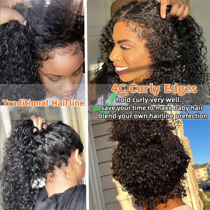 4C Edges Curly Invisi Strap Snug Fit 360 Transparent Lace Frontal Bleached Knots Pre Cut Lace Wig