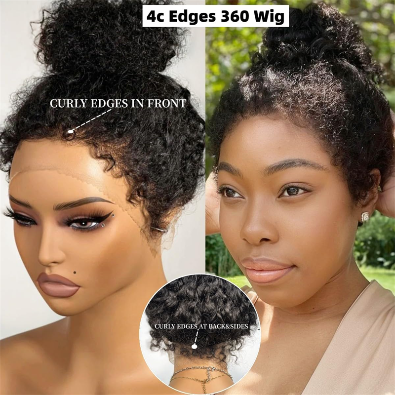 4C Edges Curly Invisi Strap Snug Fit 360 Transparent Lace Frontal Bleached Knots Pre Cut Lace Wig