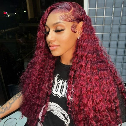 99J Burgundy Water Wave Lace Front Wigs Human Hair 13x6 180% DensityHair Bleached Knots Wigs