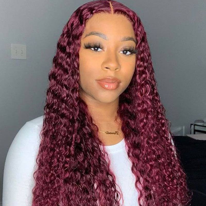 13x4 Lace Front Wigs With Baby Hair 99J Color Water Wave Human Hair Colored Wigs