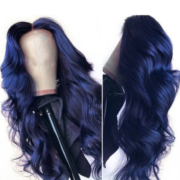 Dark Blue Color Body Wave Lace Wigs with Curtain Bangs