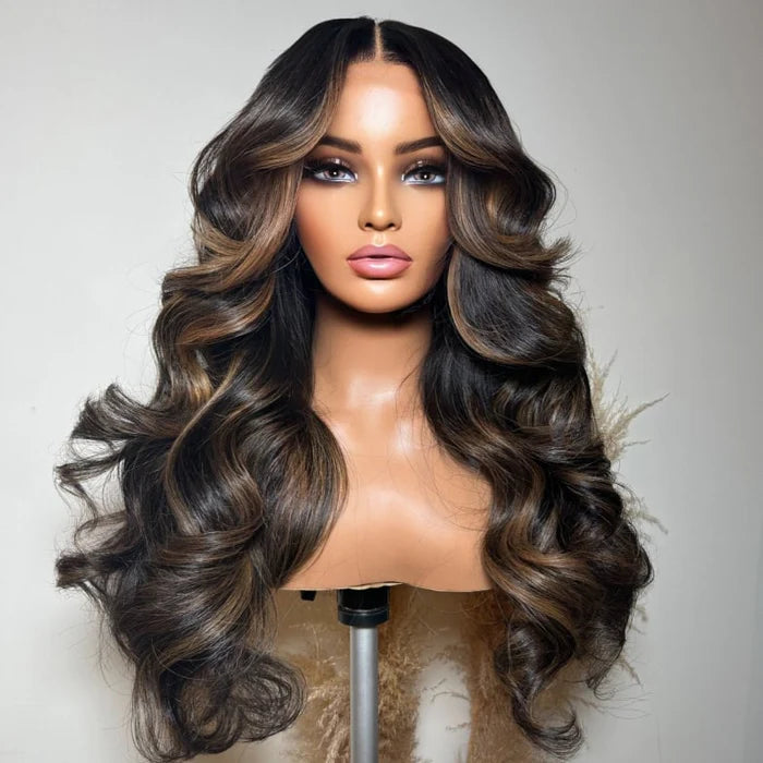 Curtain Bangs Full 220% Density Loose Body Wave Human Hair Wigs  With Layers Cut