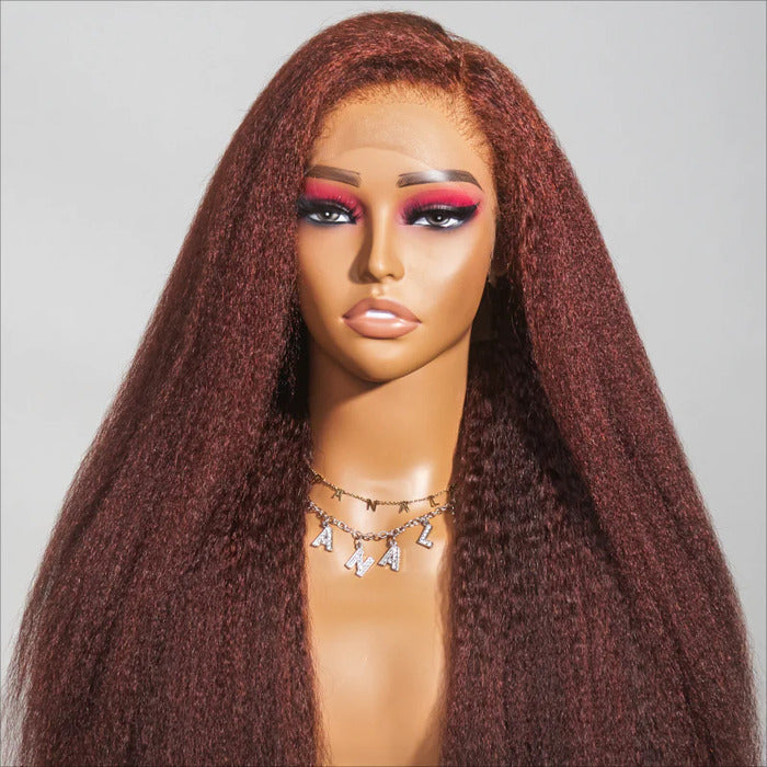 Kinky Straight Reddish Brown Closure Wigs