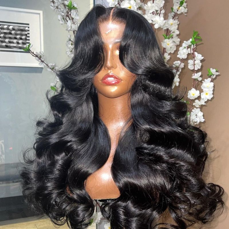 Curtain Bangs Wigs Body Wave 13x4/8x5 Glueless HD Lace Human Hair Wigs Natural Black