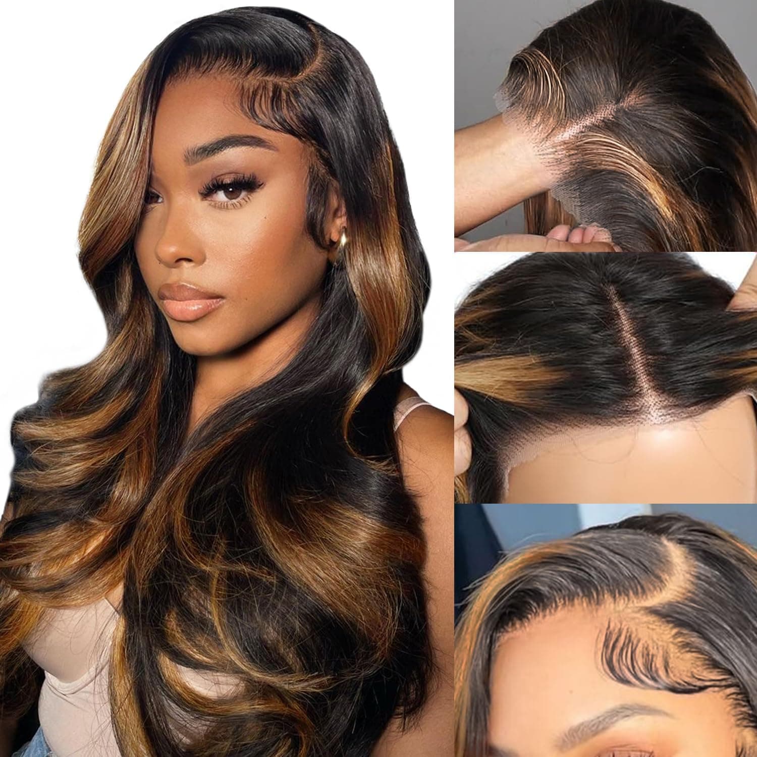 [Invisible Strap Adjustable]  1B/30 Highlight New Tech Upgrade Glueless 360 HD Lace Wigs With Invisi-Strap Snug Fit Pre Plucked Lace Parting Anywhere