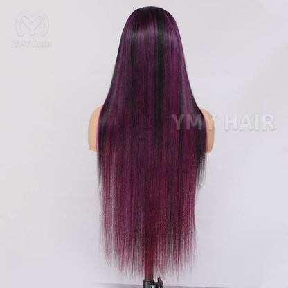 Purple Highlight Long Straight 3D Dome Cap Wigs