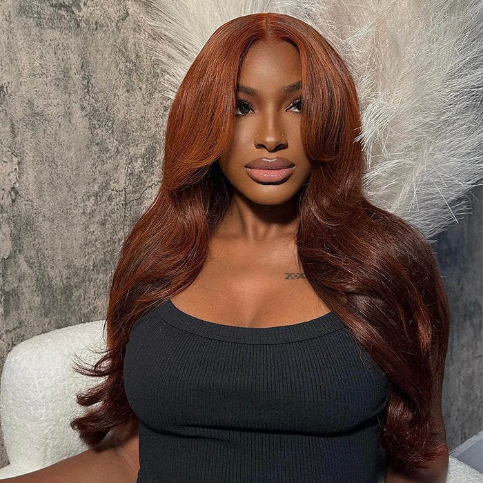 Red Brown Body Wave Lace Wigs with Curtain Bangs