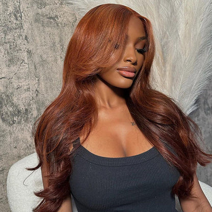 Red Brown Body Wave Lace Wigs with Curtain Bangs