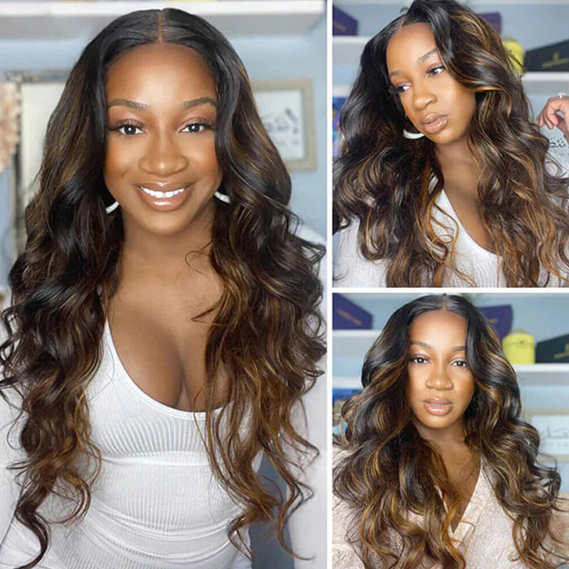 Straight/Body Wave Highlight Color Wigs 13x4 Invisible Lace Front/5x8 Lace Closure Remy Human Hair 3D Dome Cap Wigs Bleached Knots