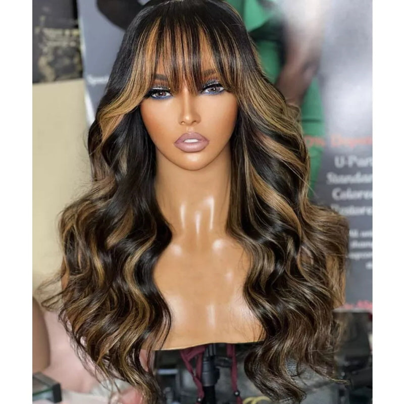 Ombre Chocolate Brown Body Wave Human Hair Wig With Bangs Top Lace 220% Density