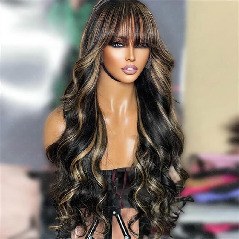 Ombre Chocolate Brown Body Wave Human Hair Wig With Bangs Top Lace 220% Density