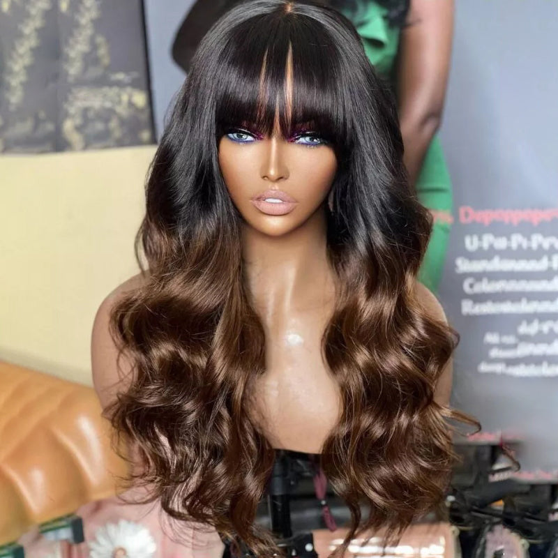 Ombre Chocolate Brown Body Wave Human Hair Wig With Bangs Top Lace 220% Density