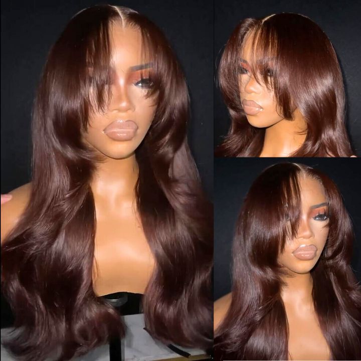 Dark Brown HD 4x4 Lace Closure Wigs and 13x4 Frontal Wigs Straight Wigs with Curtain Bangs for sale