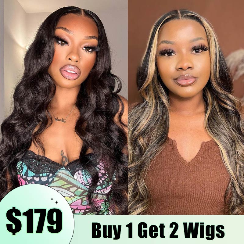 $179 Get 2 Wigs |Honey Blonde Highlight Body Wave Wig 8x5 Bye Bye Knots +Natural Color 8x5 Body Wave Glueless Wig