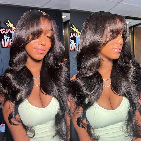 189=2 Wigs | 20 Inches Curtain Bang 5X5 Lace Body Wave Wig +20inch 99J Curtain Bangs Body Wave 5x5 Wig Pre Cut HD Lace Wig