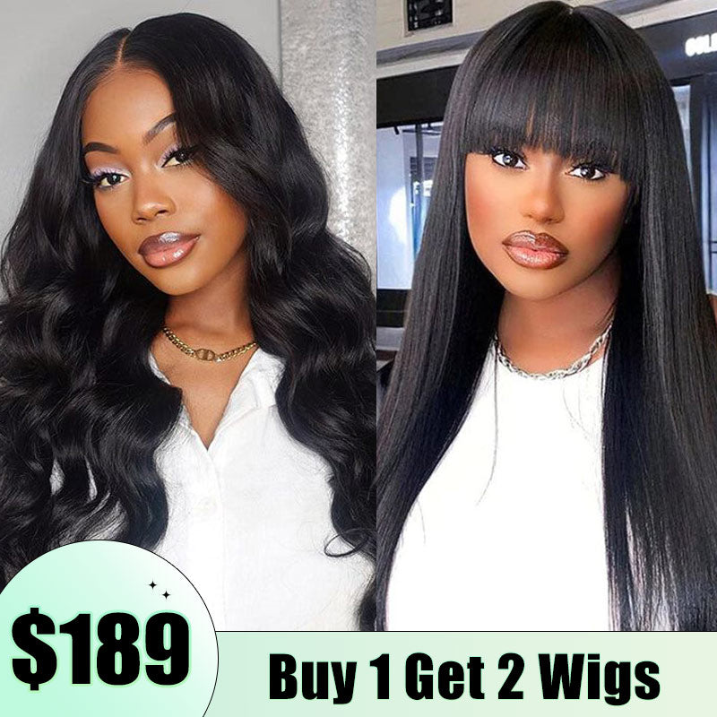 $189 Get 2 Wigs | 13x4 Body Wave Lace Frontal Wigs + 4x2 Straight Wig With Bang Natural Color Wig Flash Sale
