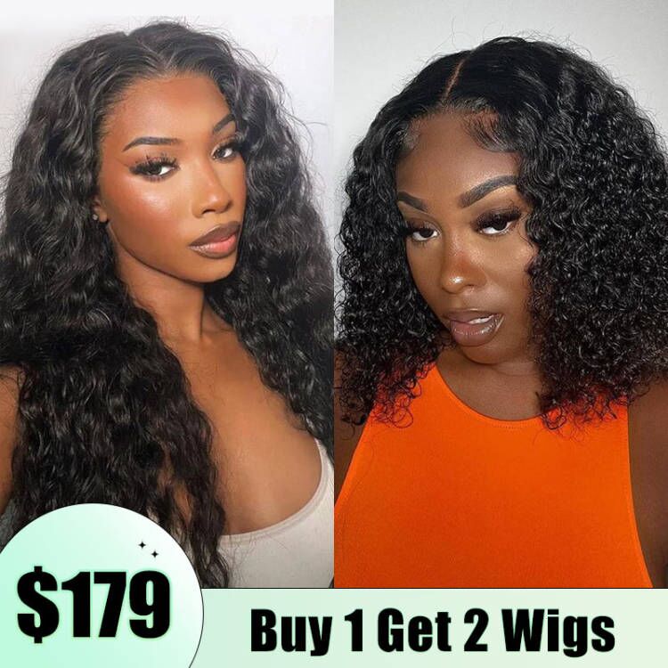 $179 Get 2 Wigs | 8x5 Bleached Knots Water Wave Glueless Lace Wig Pre Cut + 5x5 Lace Short Curly Bob Wigs Pre Plucked
