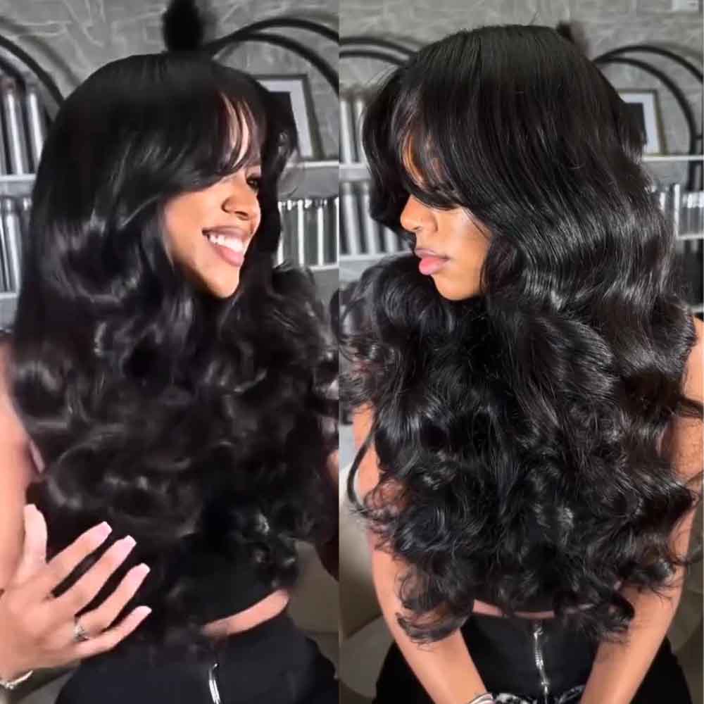 Body Wave HD Lace Frontal and Closure Wigs With Curtain Bangs For Sale Left/Right Side Part Can Be Choose