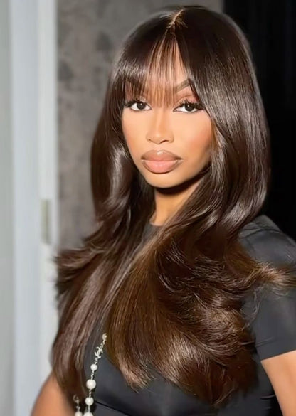 Dark Brown HD 4x4 Lace Closure Wigs and 13x4 Frontal Wigs Straight Wigs with Curtain Bangs for sale