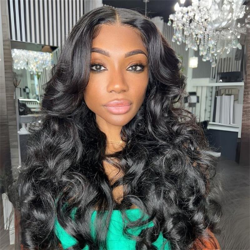 Curtain Bangs Full 220% Density Loose Body Wave Human Hair Wigs  With Layers Cut