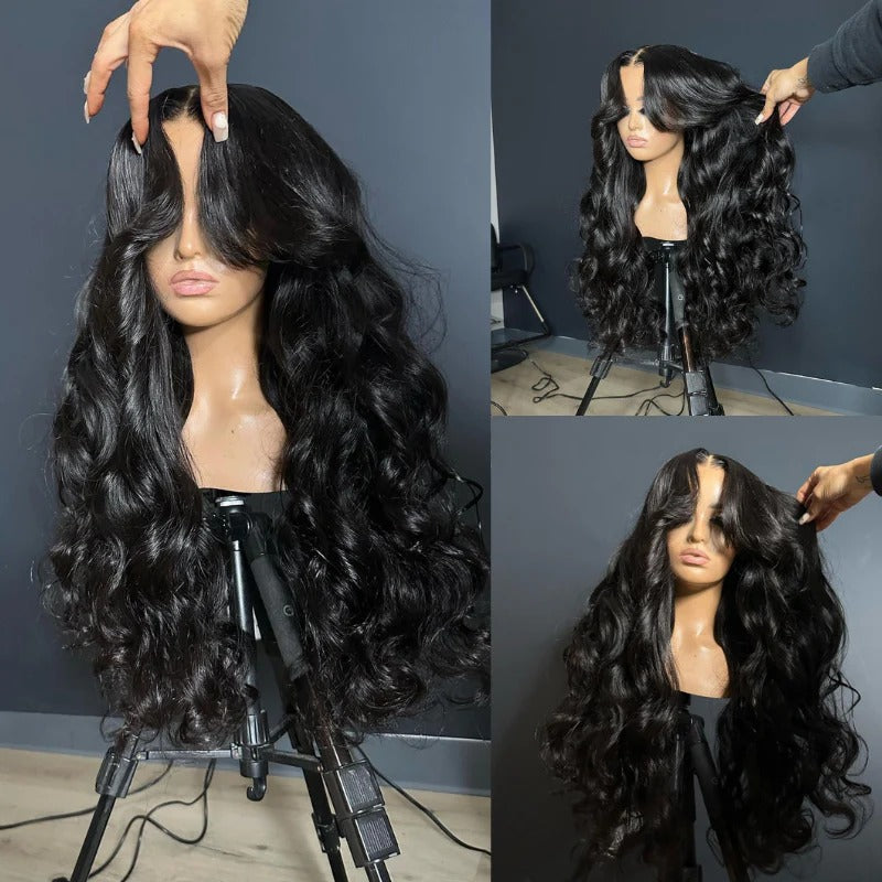 Curtain Bangs Wigs Body Wave 13x4/8x5 Glueless HD Lace Human Hair Wigs Natural Black