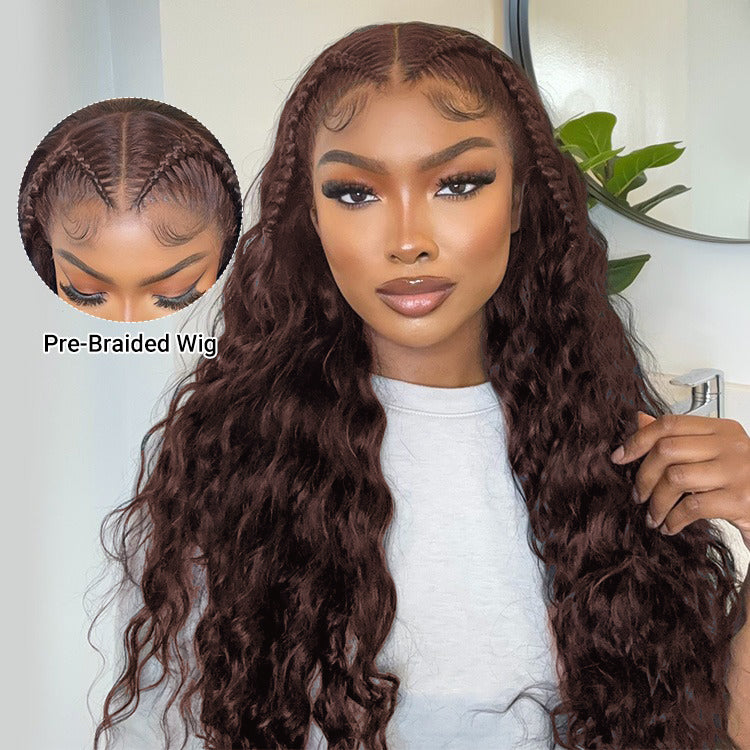 Upgrade Precut Ready To Go Pre Braided Glueless Wig Water Wave 13x4 /13x6 HD Lace Frontal Wig With Mini Knots Bleached Colored Wig
