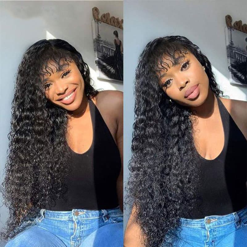 Glueless Human Hair Wigs with Bangs for Women Deep Wave 2x4 HD Lace Wigs Black Wig