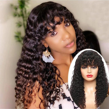 Glueless Human Hair Wigs with Bangs for Women Deep Wave 2x4 HD Lace Wigs Black Wig