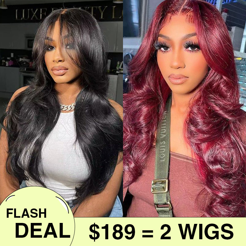 189=2 Wigs | 20 Inches Curtain Bang 5X5 Lace Body Wave Wig +20inch 99J Curtain Bangs Body Wave 5x5 Wig Pre Cut HD Lace Wig