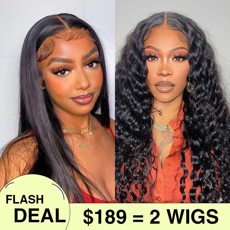 $189 Get 2 Wigs | 20Inch Pre Cut 8x5 Glueless Straight/Body Wave/Jerry Curly Lace Closure Wig + 22inch 8x5 Deep Wave/Water Wave /Loose Wave Wig  Bleached Knots