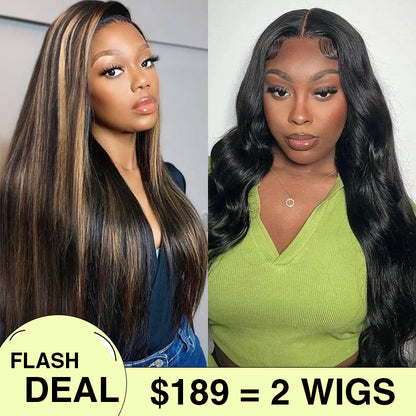 $189 = 2 Wigs | Highlight 1B /27 Straight Wig 8x5 Pre Cut Lace Wig 20&quot;+22&quot; HD Lace Body Wave 8x5 Lace Closure Wig