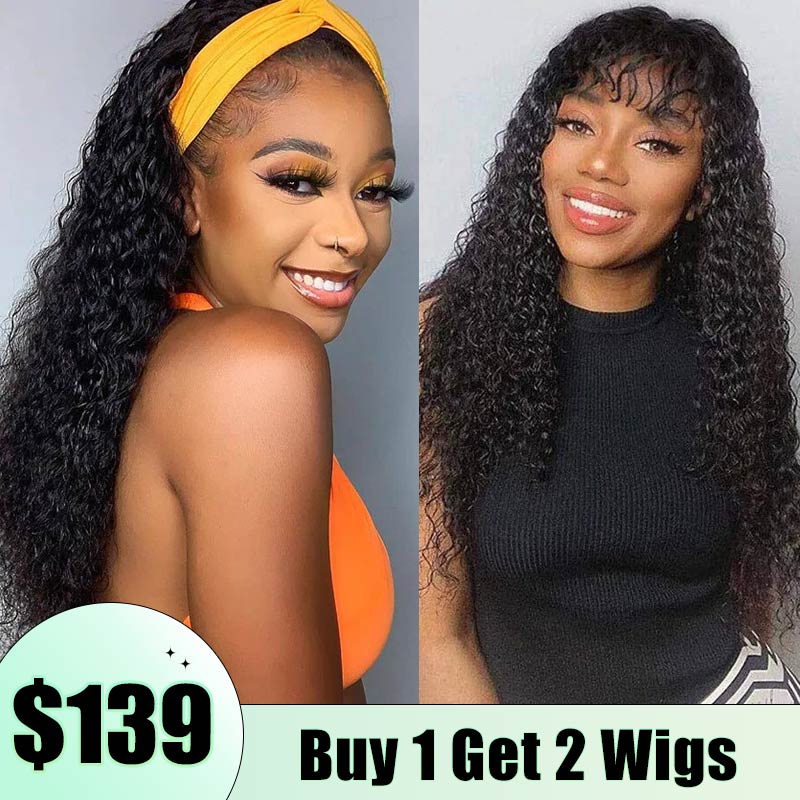 Buy 1 Get 2 Wigs | Water Wave Headband Human Hair  Natural Color Wig + 4X2 Glueless Water Wave Wig With Bang Natural Color Flash Sale