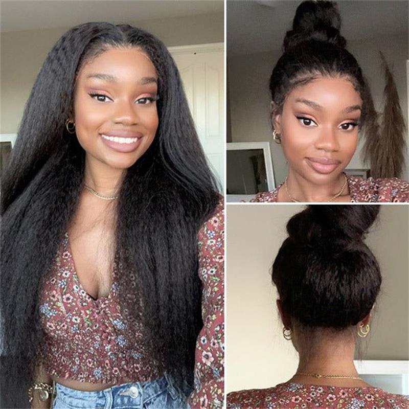 4C Hairline 360 Lace Front Yaki Straight / Kinky Straight Wigs  HD Lace Human Hair Wigs with 4C Curly Baby Hair High Density