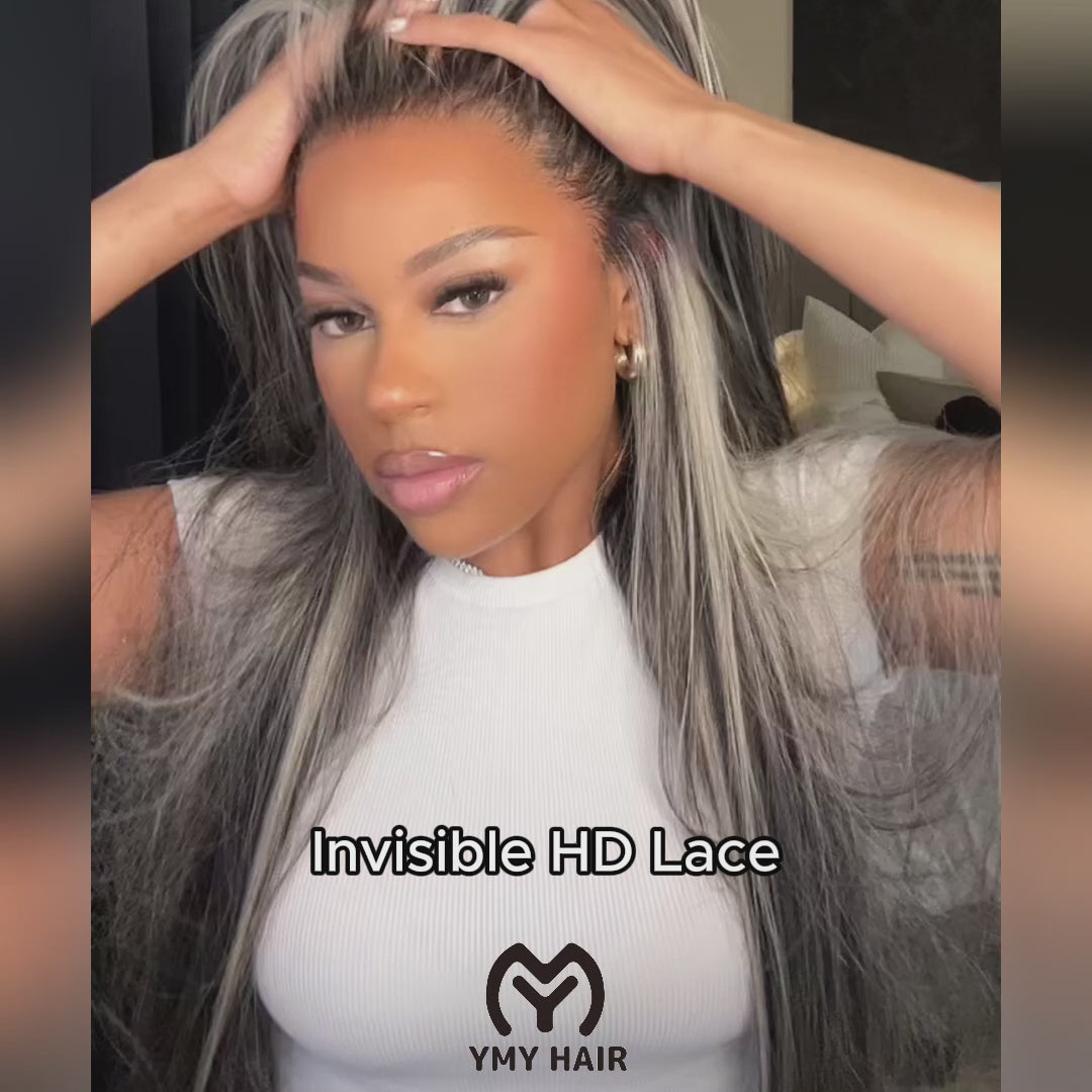 straight grey highlights glueless wig