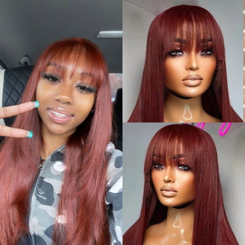 YMY Hair 13x4 13x6 HD Lace Front Human Hair Wig 33 Reddish Brown Straight Curtain Bangs Wigs YMY HAIR