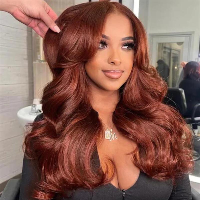 Curtain Bangs Dark Auburn/Red Brown Body Wave 5x5 Lace Closure and 13x4 Frontal Wigs