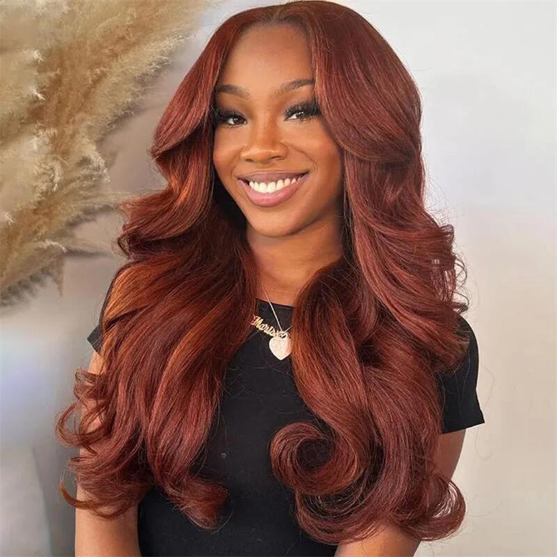 Curtain Bangs Dark Auburn/Red Brown Body Wave 5x5 Lace Closure and 13x4 Frontal Wigs