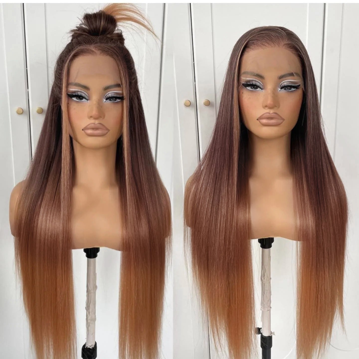 [Invisible Strap Adjustable] Ombre Copper Brown Colored Wig Invisi-Strap Snug Fit 360 Glueless HD Lace Frontal Wig Bleached Knots Pre Plucked Free Part Wig