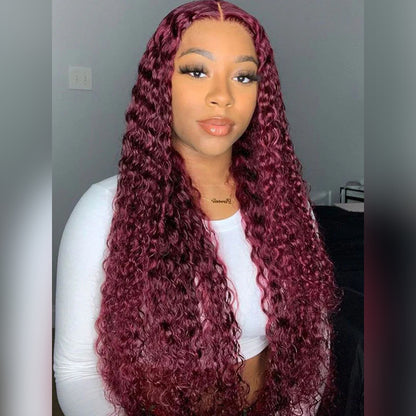 99J Burgundy Water Wave Lace Front Wigs Human Hair 13x6 180% DensityHair Bleached Knots Wigs