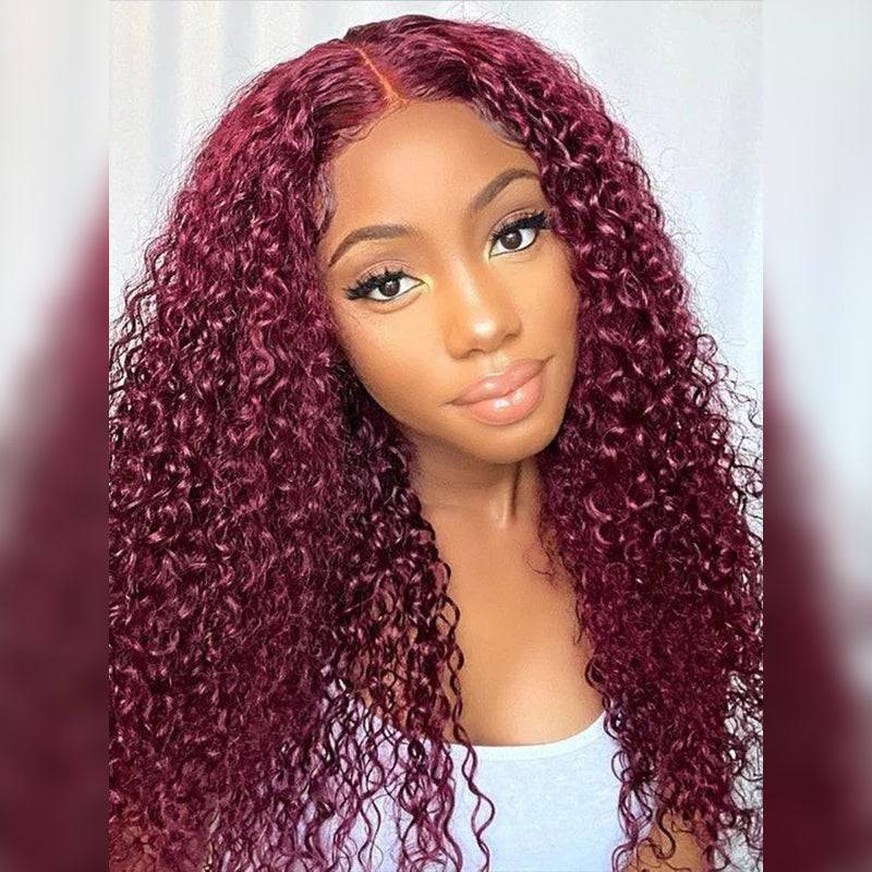 99J Burgundy Water Wave Lace Front Wigs Human Hair 13x6 180% DensityHair Bleached Knots Wigs